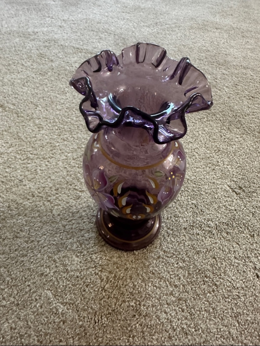 Fenton Purple Ruffled Art Glass Vase with Floral Accents